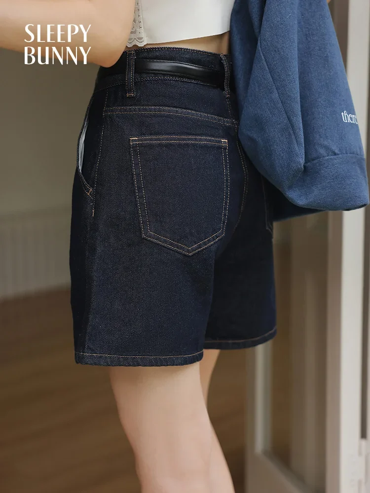 Vintage High Waist Denim Shorts Women Summer Dark Wash Wide Leg Casual Loose Fit Contrast Stitching Trendy Daily Hot Pants