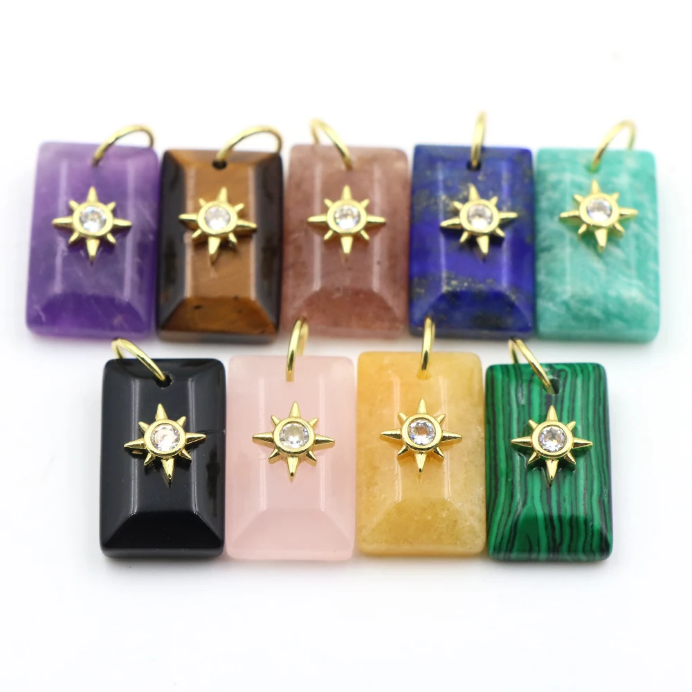12x20mm Natural Stone Rectangle Sun White Zircon Gold Plated Bail Charm for Handmade DIY Craft Ornament Jewelry Making Supply