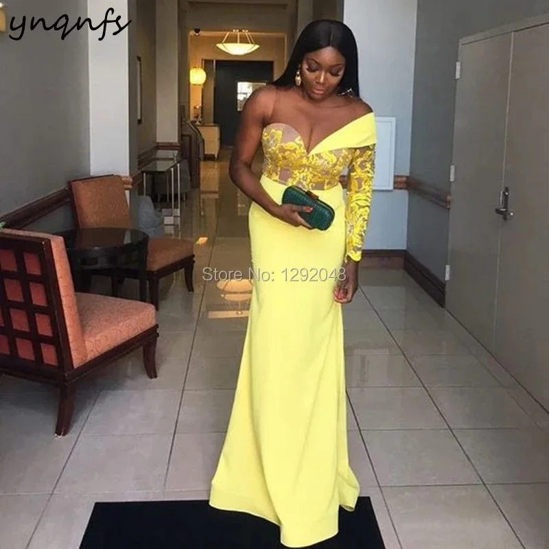 

YNQNFS E51 Jersey Lace Appliques One Shoulder Long Sleeve Women Elegant Formal Dress Party Mermaid Dress Evening Yellow W0225