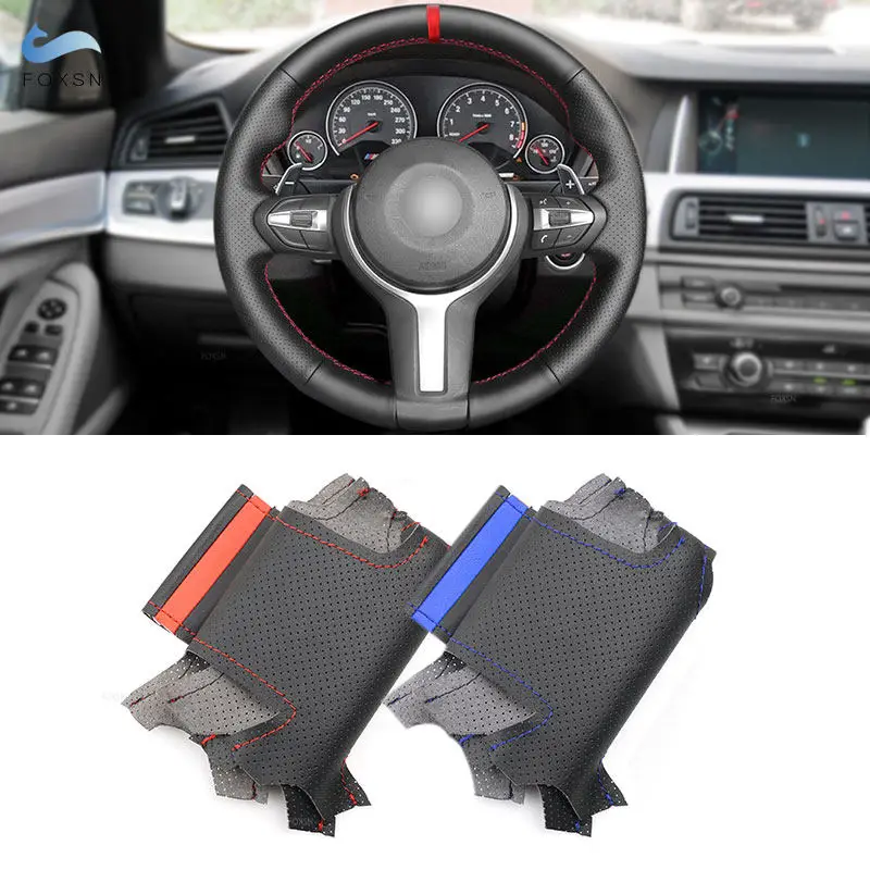 

Для BMW M Sport F20 F45 F30 F34 F32 F36 F10 F07 F12 F39 F48 F25 F26 F15 F16 Сшитая вручную кожаная накладка на руль автомобиля