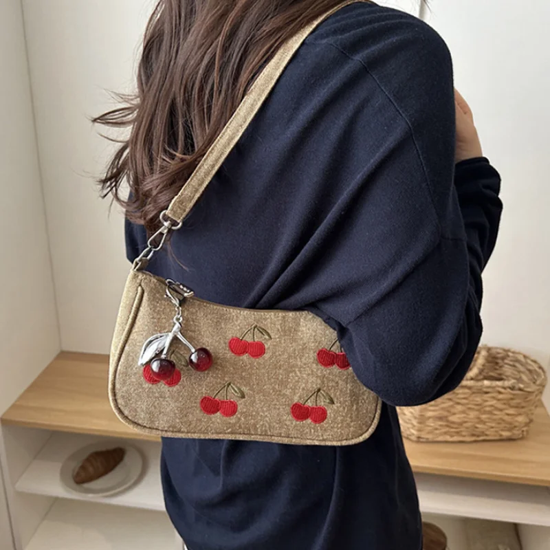 Korean Cherry Embroidered  Shoulder Bag Sweet Women Dating Hobo Handbag With Pendant Y2k Retro Fashion Ladies Purse For Commuter