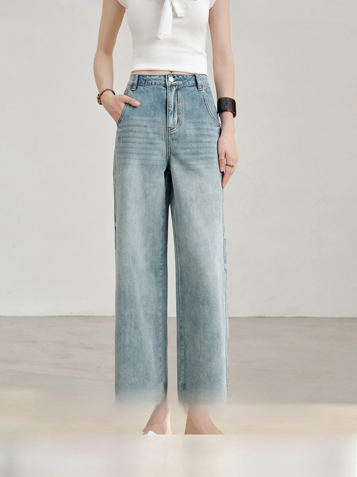 

High Content Long Staple Cotton Straight Leg Jeans Women's Nine Points Loose Fit Jeans Casual Sle Multi ket l Waist