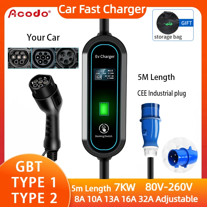 

Acodo EV Portable Charger 7KW Type 2 Type 1 GBT 5M Length 4 Currents modes WallBox With Display Booking Time Car Fast Charge