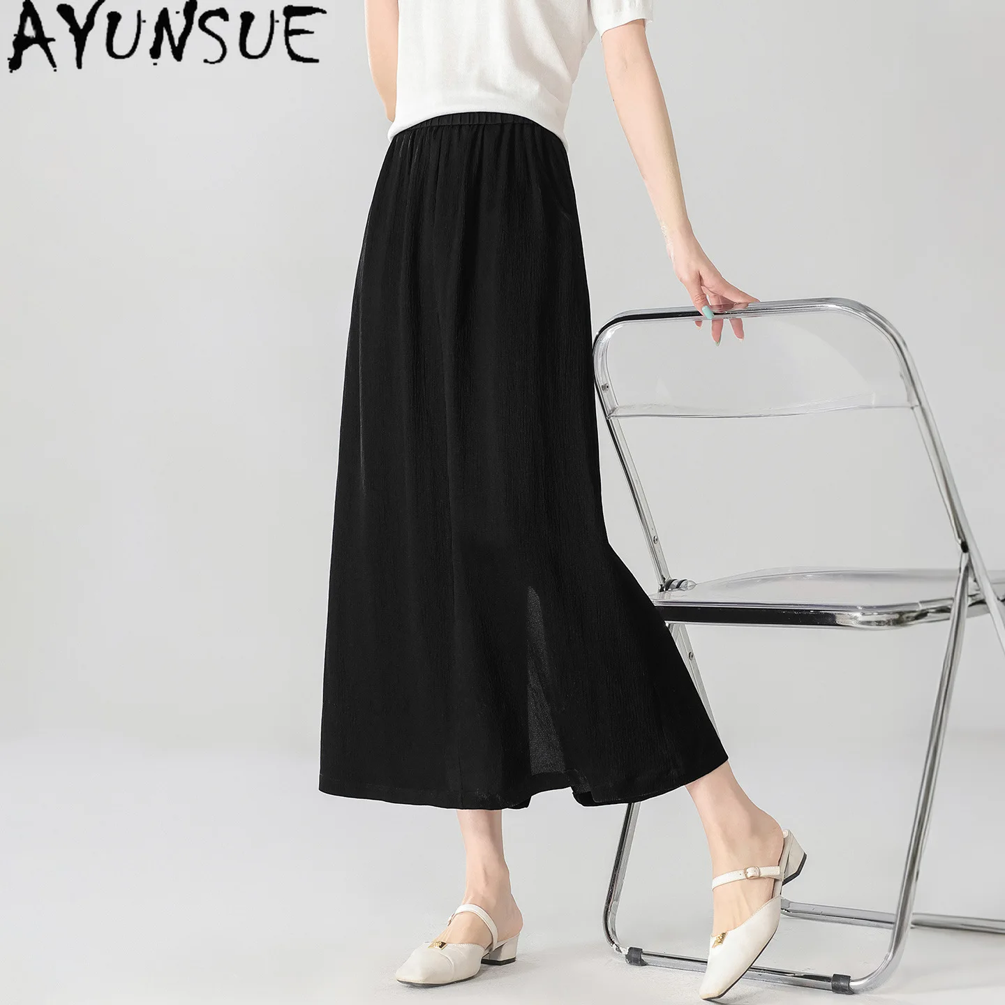 AYUNSUE 100% Mulberry Silk Skirts for Women Xiangyunsha Commuting Style Long Skirts Summer Slimming Black Skirt 2026 Ropa Mujer