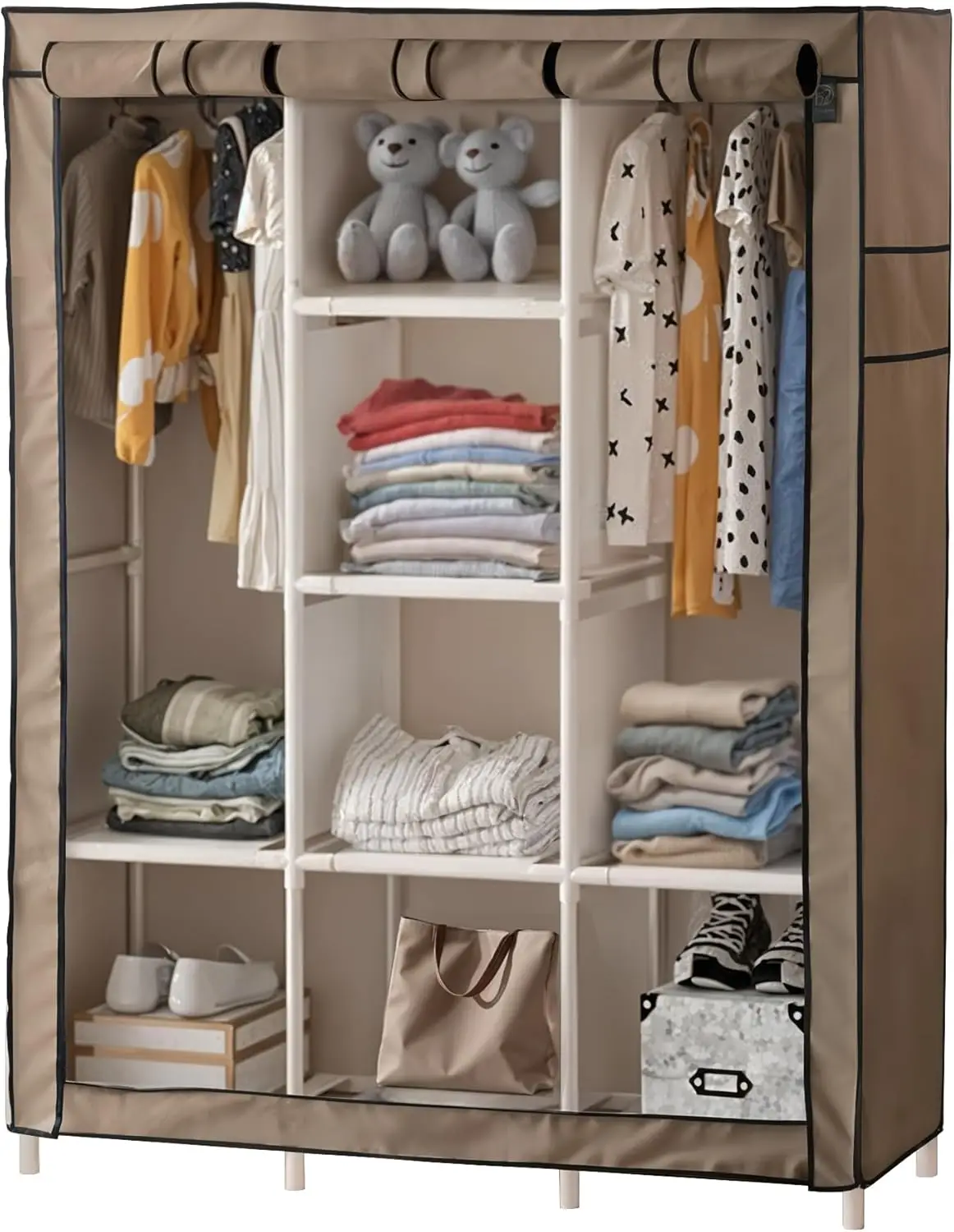

Portable Wardrobe Closet with Cover – Freestanding Clothes Organizer with 8 Storage Shelves & Dual Hanging Rods – Spacious