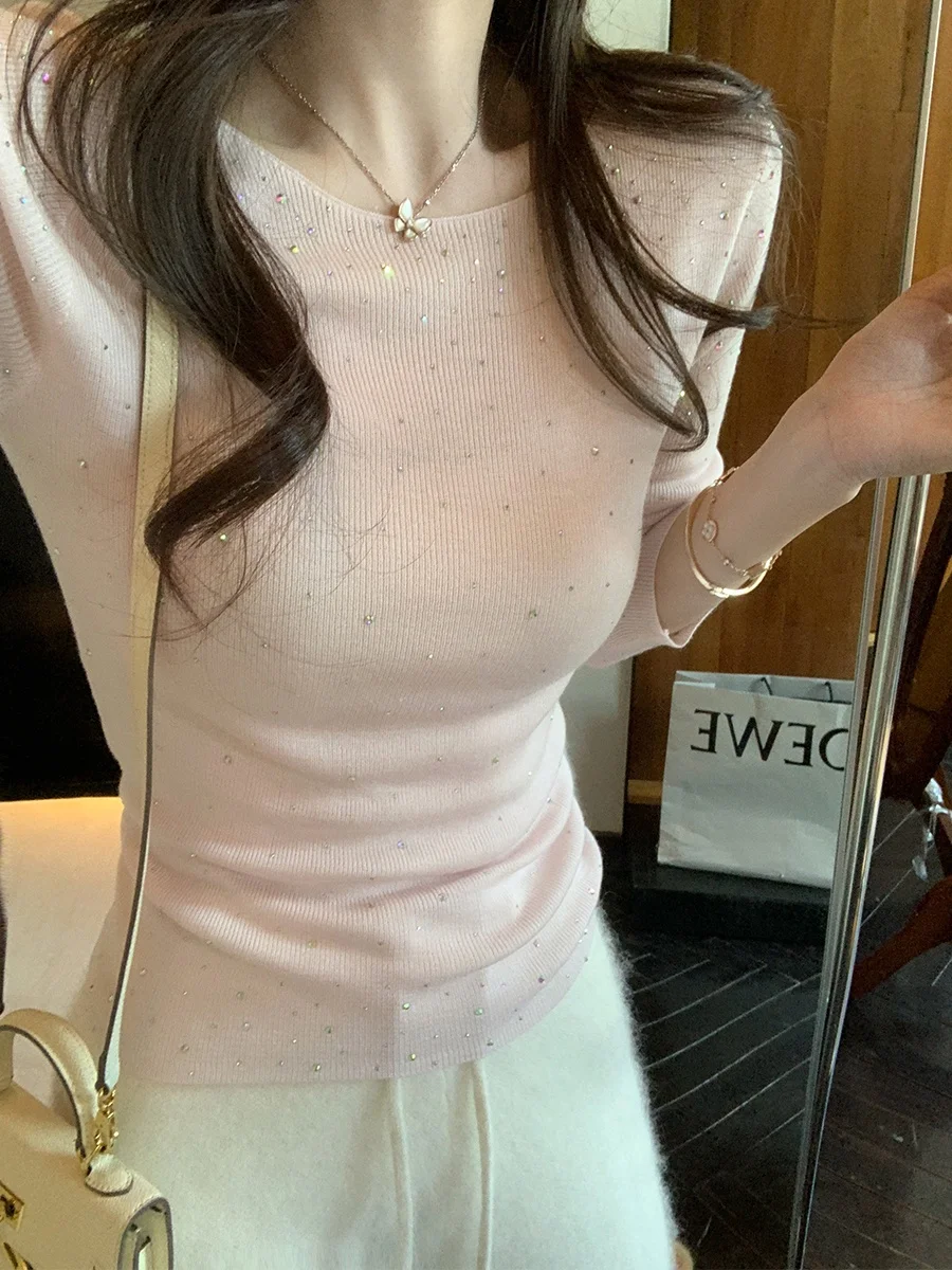 

Женский облегающий вязаный топ MUKOK с длинным рукавом и крупными стразами, осенне-зимняя модная базовая одежда с круглым вырезом, цветной