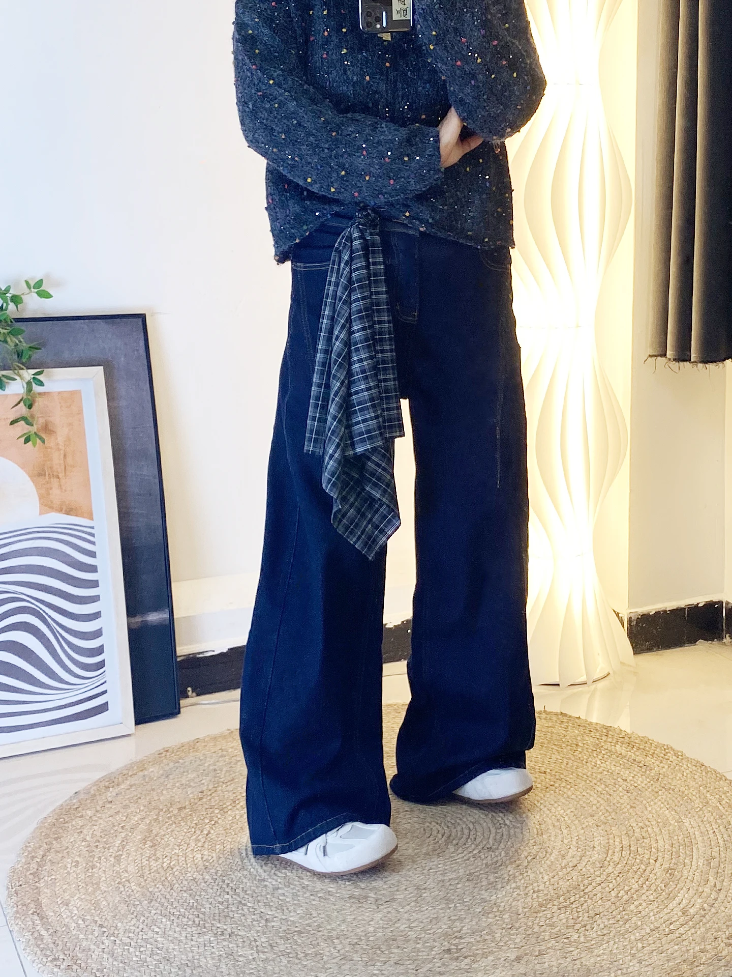 

Свободные широкие джинсы на подкладке Fce с высокой талией, прямой крой, длинные женские джинсы длиной до пола, большие размеры для похудения