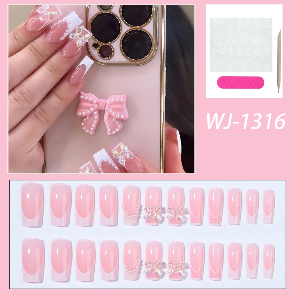 ارفع أسلوبك مع، 24 قطعة/المجموعة اضغط على أطراف الأظافر الأبيض الفرنسي والزهور ثلاثية الأبعاد تصميم أظافر أكريليك المزيفة، تناسب تمامًا والمتوسط #5