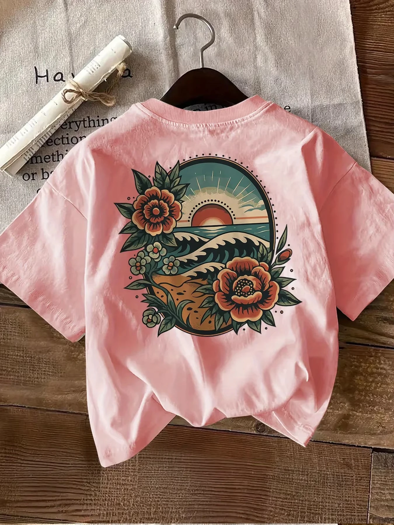 Vintage Tattoo Style Flower & Ocean Print Men T-shirt Cotton Casual Summer High Quality Streetwear Men's and Women's T Shirt