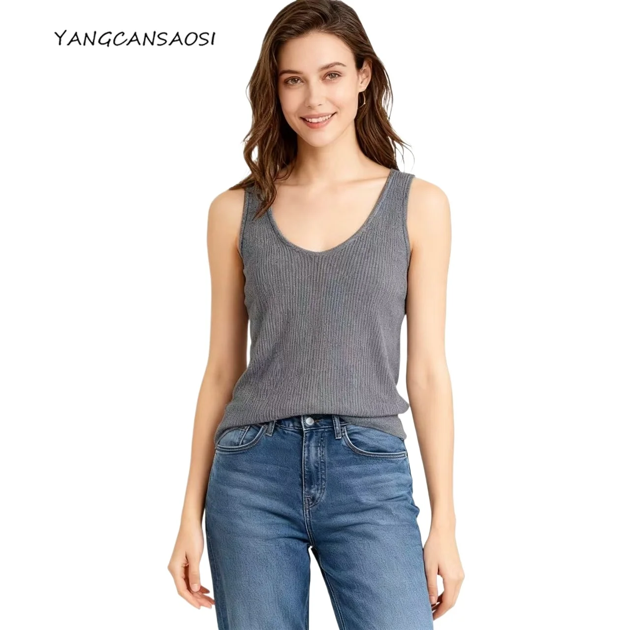 

2025 Women's Elegant Commute Autumn New 100% Wool Vest V-neck Slim Fit Versatile Layered Solid Color Base Knitted Sweater