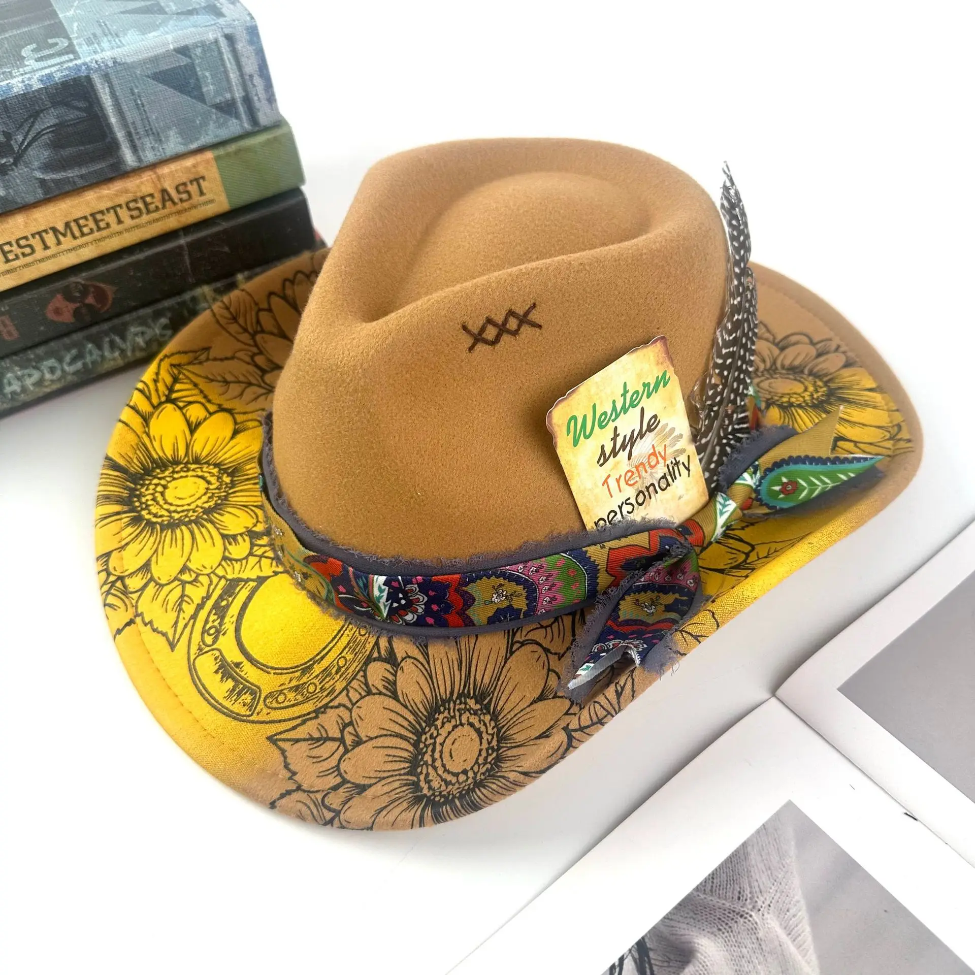 Gradient Denim Wide Brim Felt Hat with Feather & Webbing Jazz Singer Style Cap European And American Spray Paint Cap