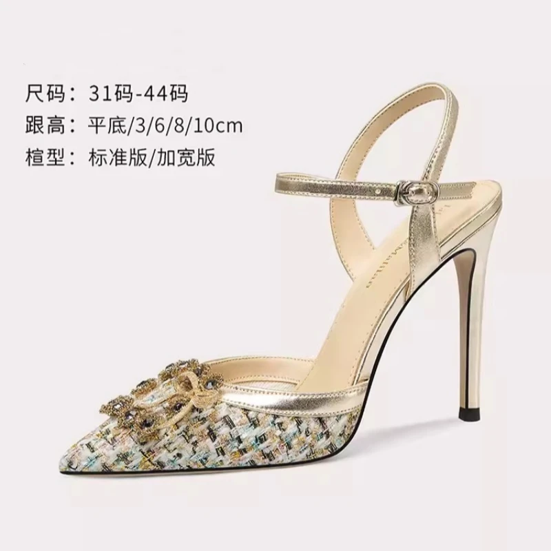 Summer new pointed color matching rhinestone buckle flat bottom single shoes fine heel banquet dress large size female sandals