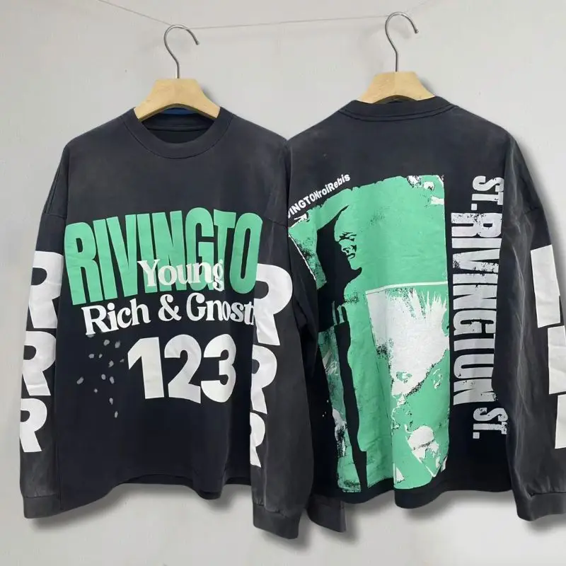 Y2K Retro RRR123 Lange Mouw Tops Graffiti Faded Brief Print Gewassen T-shirts Amerikaanse Hiphop Straat Katoen Mannen Vrouwen Sweatshirts
