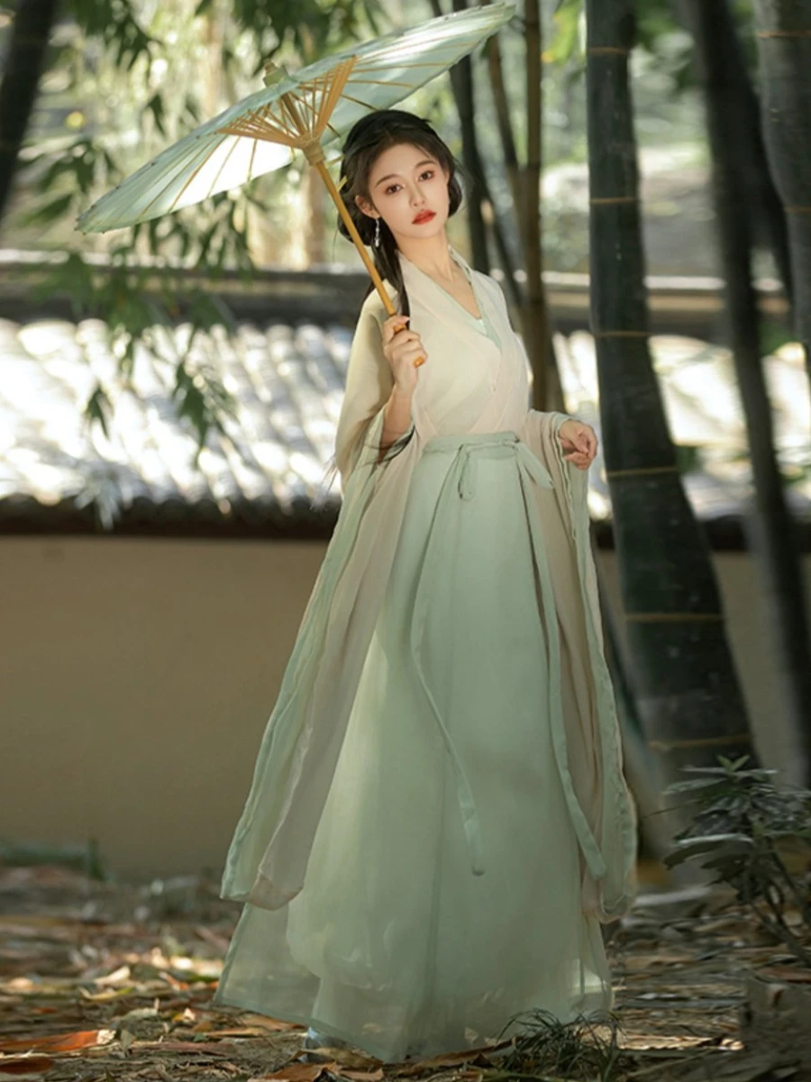 

Китайское традиционное платье для девочек, женская одежда феи ханьфу, Хань и Тан, древний китайский костюм с высокой талией и большими рукавами