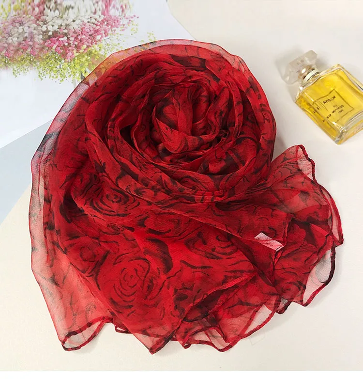 BYSIFA | Nowa czerwona róża jedwabny szal drukowane kobiety moda marka elegancki kwiatowy długi jedwabny szal w nowym stylu Ultra cienkie szale szal