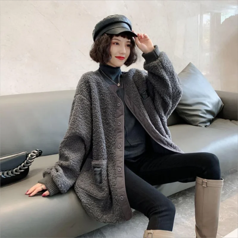 Casaco para mulher retro imitatio lã de cordeiro emenda solta manga comprida casual topo preguiçoso estilo solto exterior usar pequeno estilo fragrância