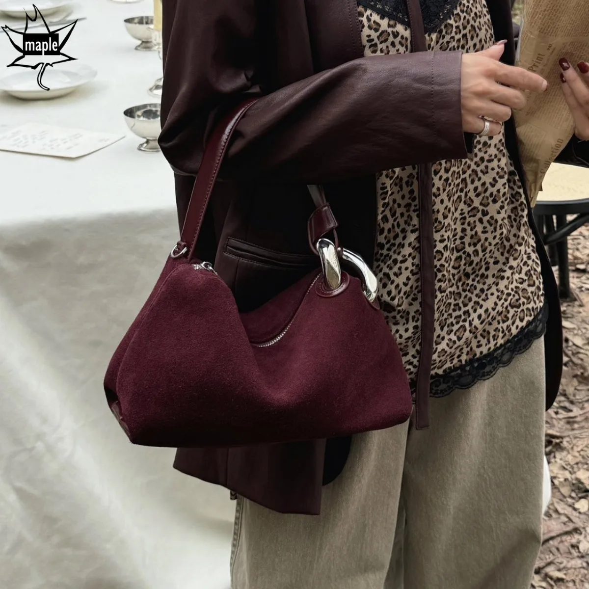 Chic Deep Wine Red Coffee Color Winter Daily-use Tote Luxury First-class Nubuck Leather Women Shoulder Crossbody Bag Chamois