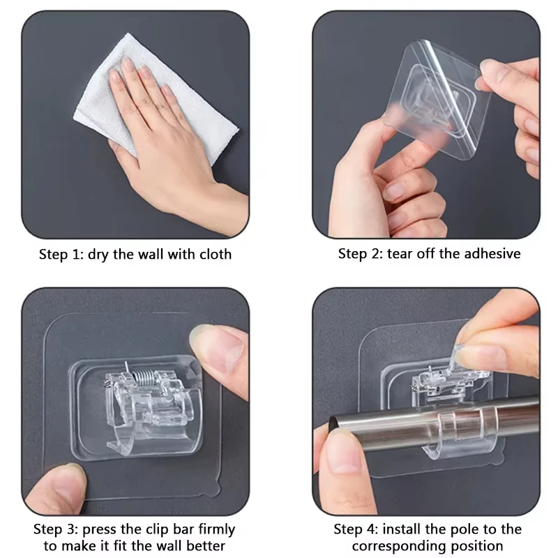 4/6/24PCS Adjustable Curtain Rod Clip Self Adhesive Clamp Hook Curtain Holder Wall Bracket Holder Nail-Free Wall Hanging Clip image 6