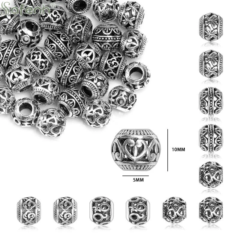 6Pcs Mix 10mm Antique Silver Metal Hollow Beads Big Hole Loose Spacer Beads For Jewelry Making DIY Bracelet Accessoies Supplies