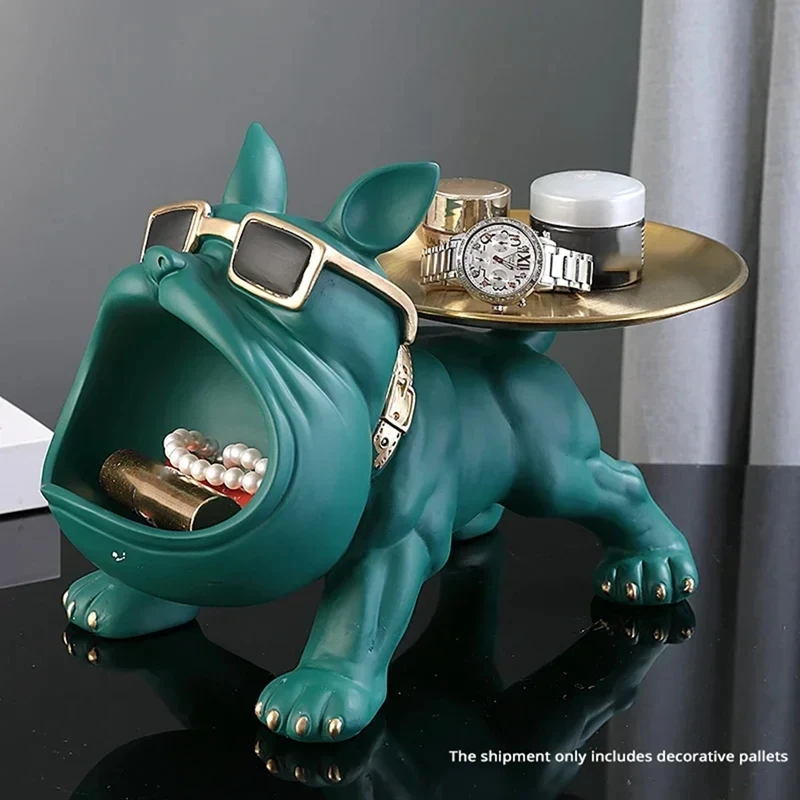 Resin French Bulldog Tray Statue, Bulldog Candy Dish Key Holder Bowl,Statues for Office Desk Home Decor Figurines Green-A56M
