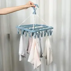 Foldable Clip and Drip Hanger with 32 Clips - Plastic Hanging Drying Rack for Clothes Underwear Socks