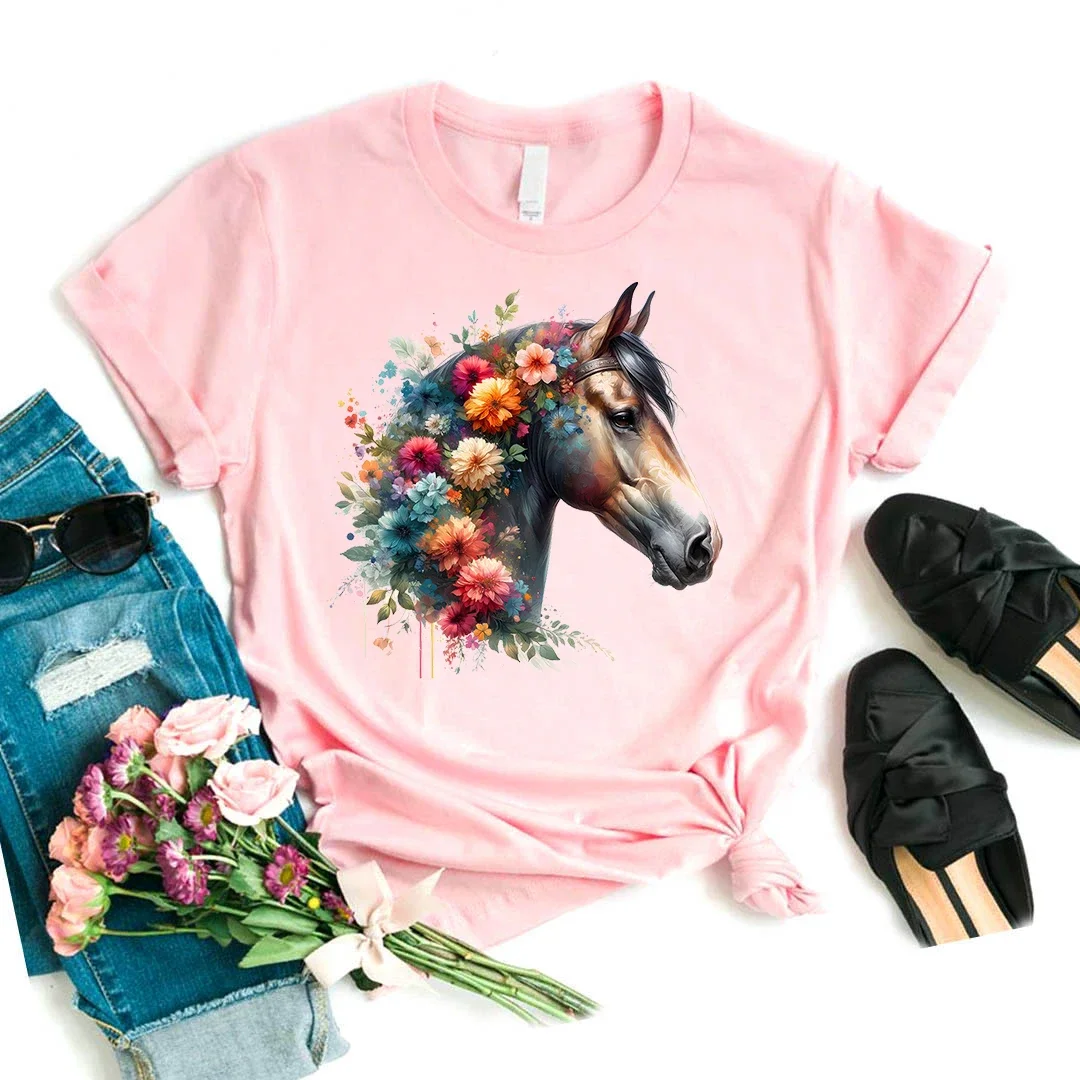 Hot Sale Fashion T Shirt Girls Floral Horses Tshirt Women Summer Tops Tee Shirt Femme Harajuku Shirt Casual T-Shirt Female