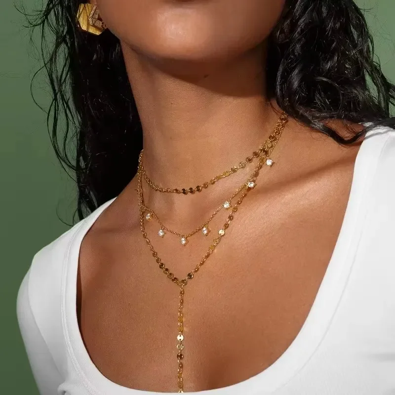 金メッキの長いタッセル,細いチェーン,y字型のネックレス,3層の豚のネックレス,ネックレス,czペンダント,高級ジュエリー