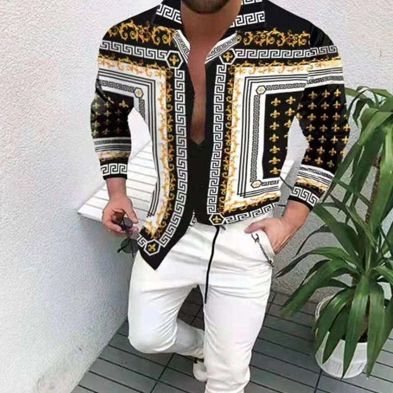 2024 Men's Chain Printed Long Sleeve Shirt Men's Casual All-match Fashion Street Men's Shirt Lapel Single-breasted Long Sleeve