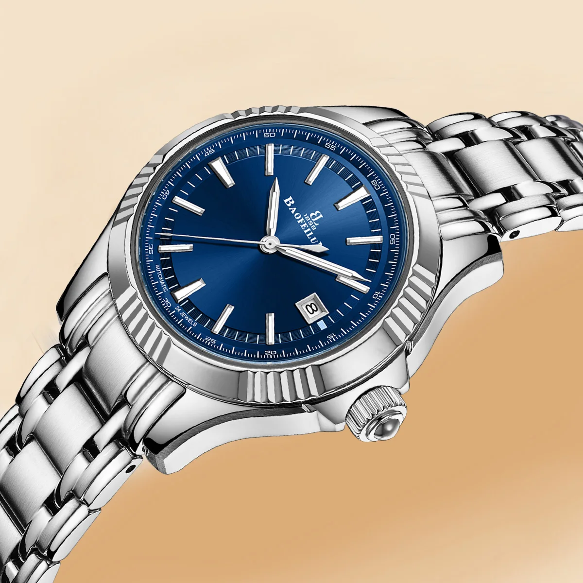 ساعة يد ميكانيكية أوتوماتيكية للزوجين من BAOFEILUN مصنوعة من الفولاذ المقاوم للصدأ وكريستال الياقوت وعرض التاريخ 50 متر مقاومة للماء هدية فاخرة