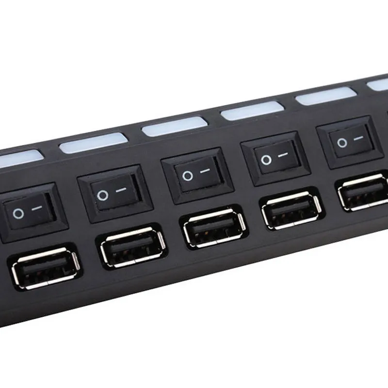 7-Port USB Hub Usb2.0 High-Speed Multi Charger on Off Ergonomic Design Current Protection Usb2.0 Hub for Laptop Pc Black