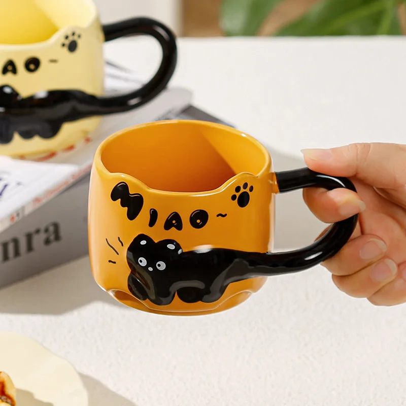 

1PC Ceramic Mug Cute Relief Small Black Cat High-value Creative Cute Coffee Milk Breakfast Cup