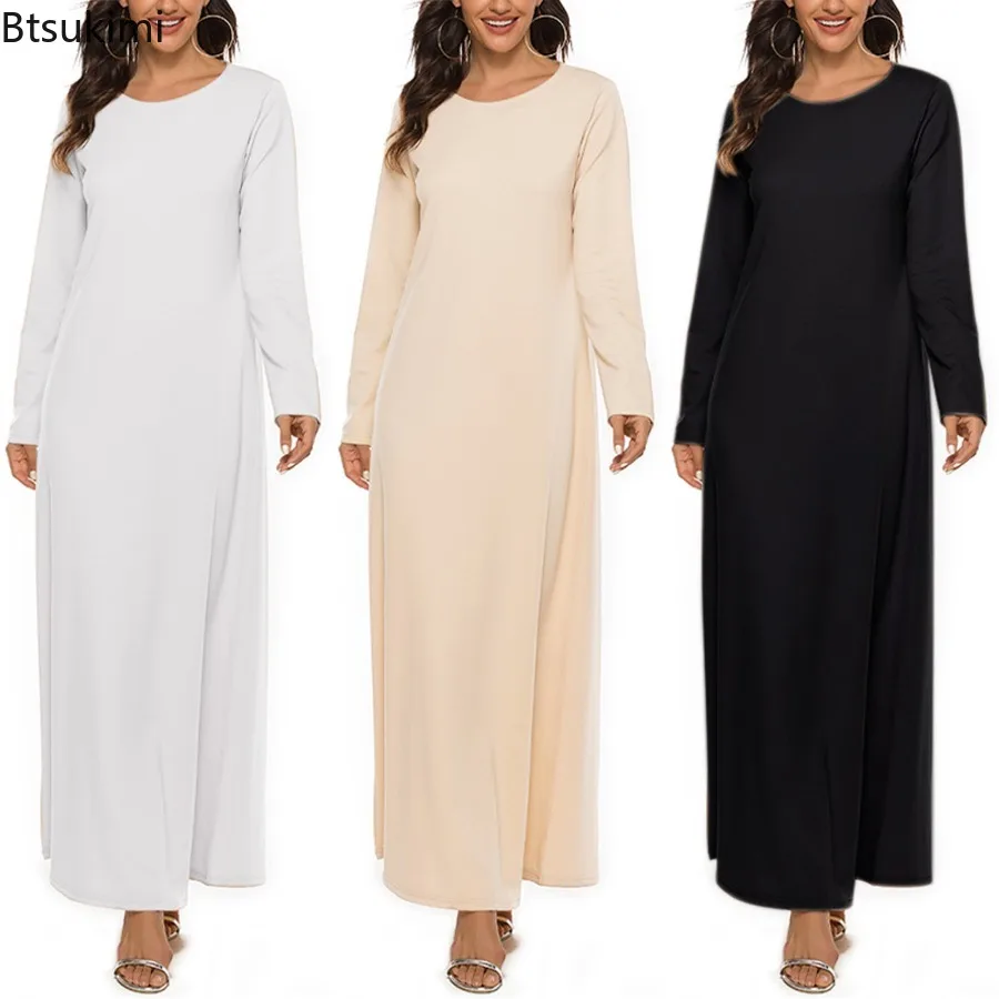 

Fashion New Women Long-sleeved Solid Dress Muslim Basic Inner Dress Woman Simple Casual Bottoming Long Skirt Elegant Modest Robe