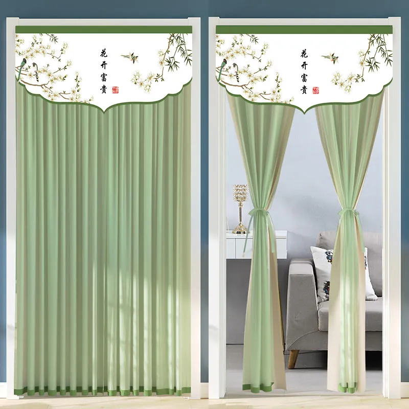 Chinese Style Lace Door Curtain No-Drill Velcro Summer Anti-Mosquito Partition Bedroom Privacy Screen Double Layer Tulle