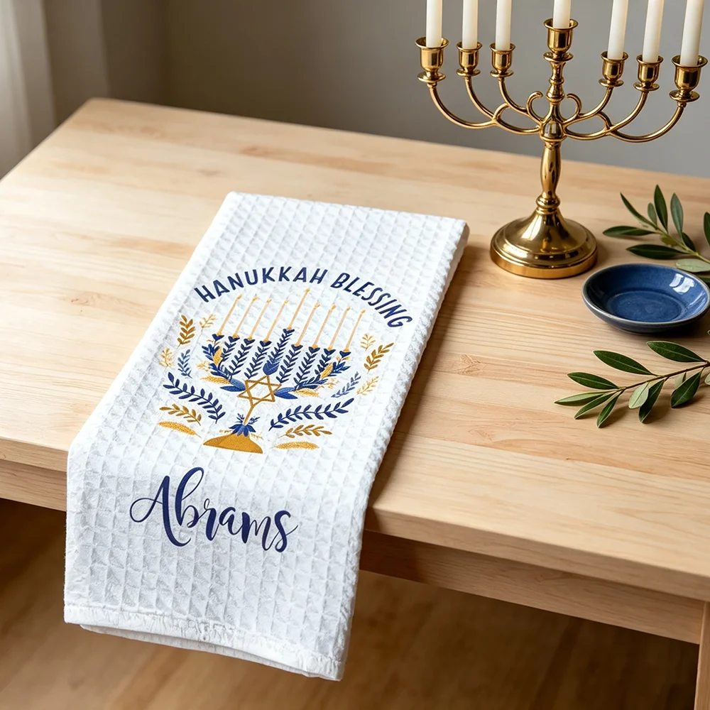 Personalized Hanukkah Blessing Waffle Tea Towel with Family Name Custom Jewish Holiday Menorah Kitchen Dish Towel Chanukah Decor