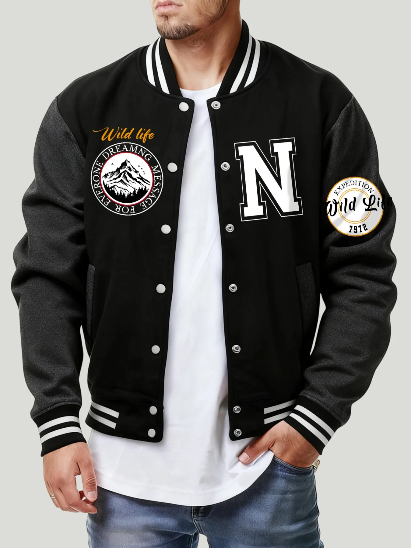 

Wild Life Letter N Pattern Men Streetwear Fashion Street Baseball Jacket Loose Casual Coat Fleece American Unisex Clothing