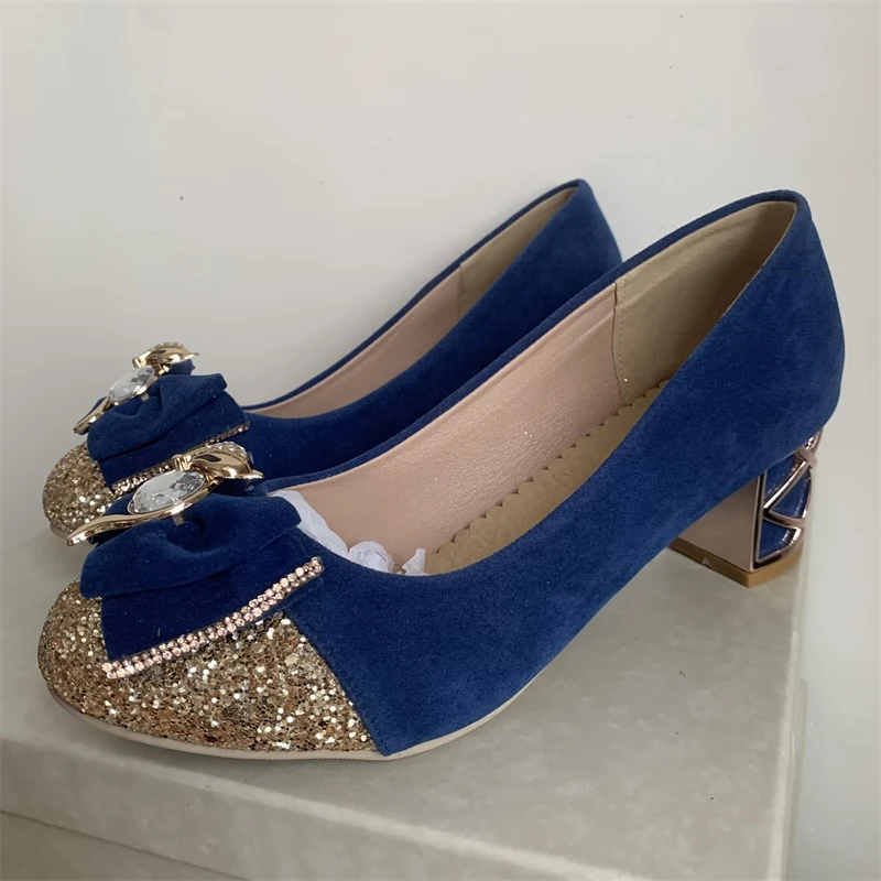 Luxury Crystal Blue Low Block Heels Casual Women's Pumps Shoes Sweet Bow-tied Black Pink Heeled Wedding Party Shoes Ladies