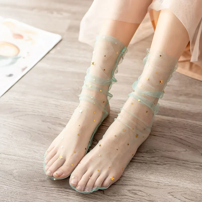Kobiety widzą przezroczyste skarpetki kolorowa gwiazda letnie Ultra cienkie nylonowe luźne długie skarpetki damskie słodkie dziewczyny siateczkowe koronkowe skarpety Sox