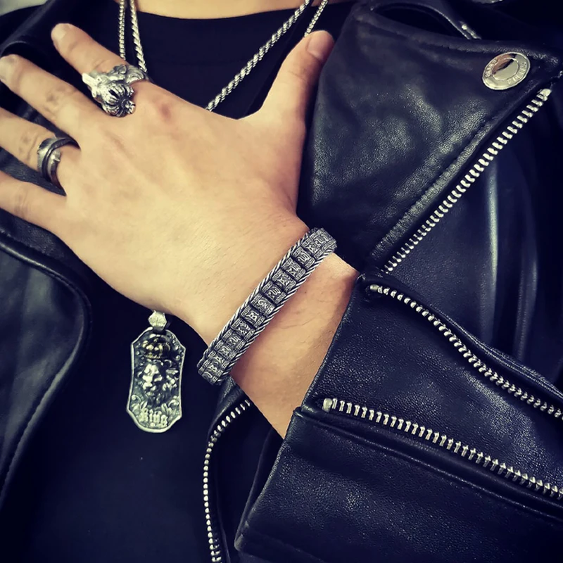 2023 New Men's Bracelet Simple and Generous Silver Bracelet Hand-woven Six-character Mantra Roller Silver Rotatable Bangle Chain