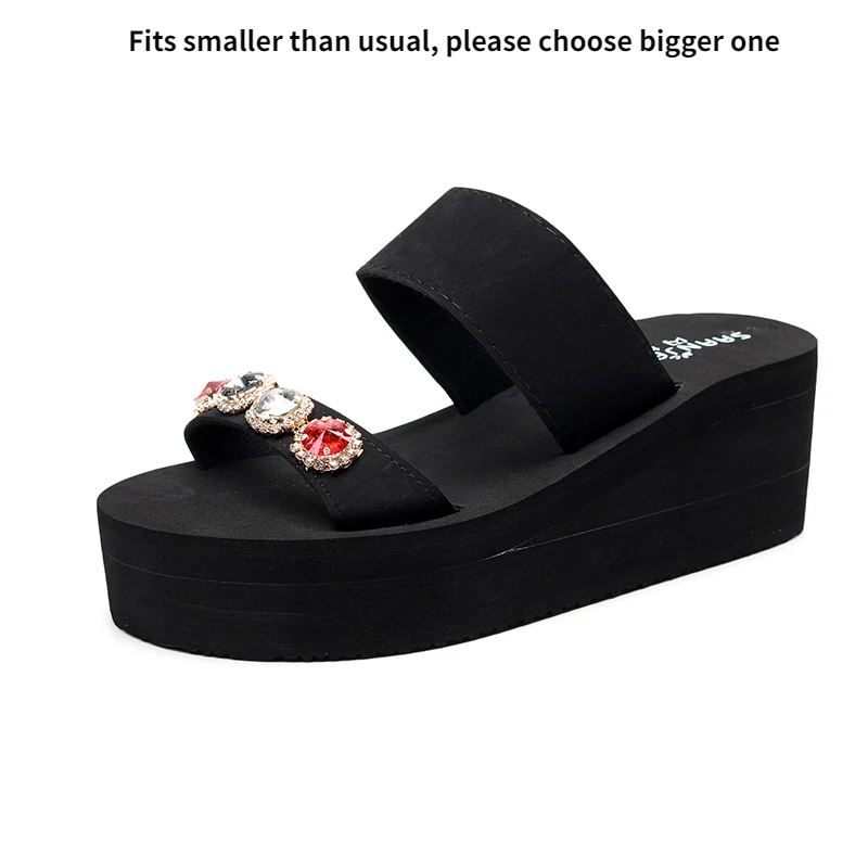 Bohemia Bling Crystal Slippers for Women 6cm High Heel Wedged Outdoor Casual Slides Flip Flops Summer Beach Black Shoes