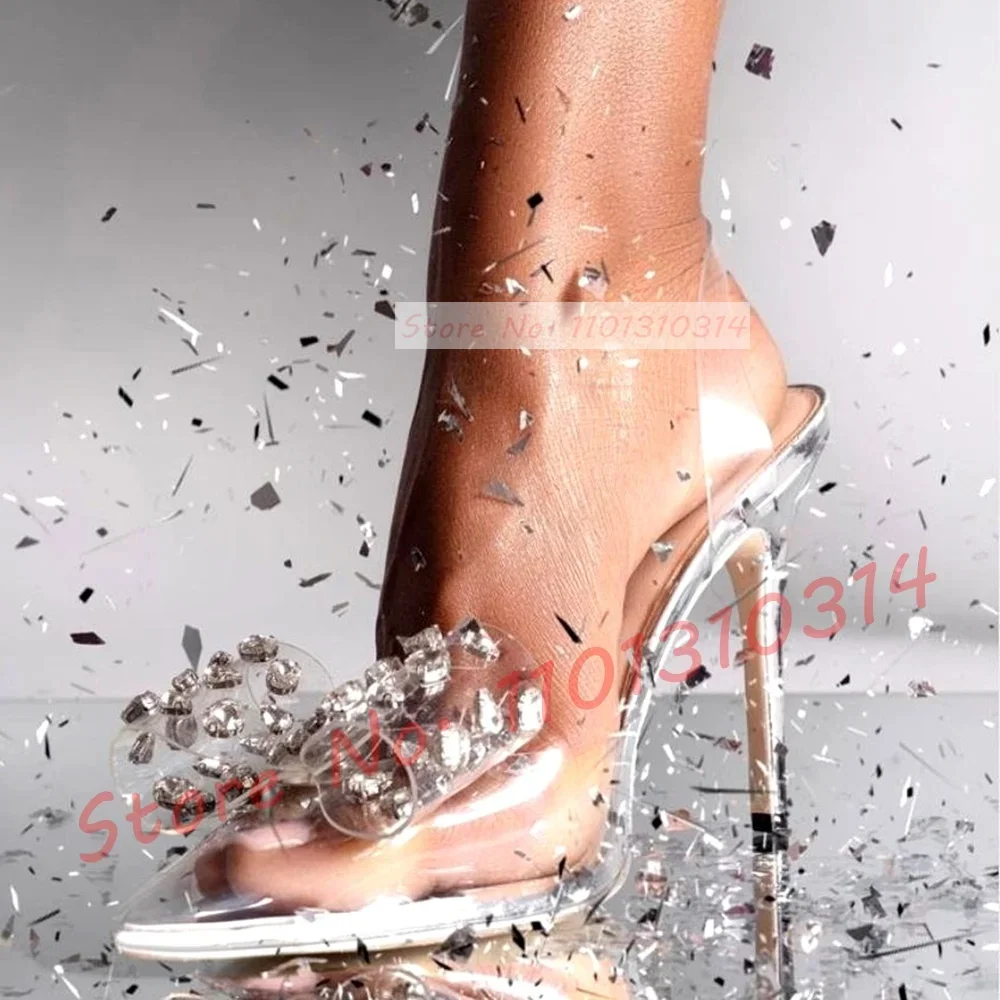 

Crystal Bow Clear PVC Sandals Women Pointy Mirrored Back Strap High Heels Shoes Luxury Summer Feminine Bling Transparent Sandals