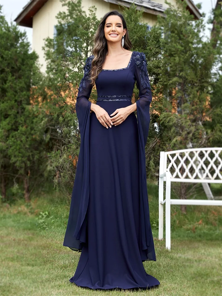 Lucyinlove Luxury Chiffon Long Sleeves Navy Evening Dress Long 2024 Elegant Dress Wedding Party Prom Arabia Cocktail Dress Gown