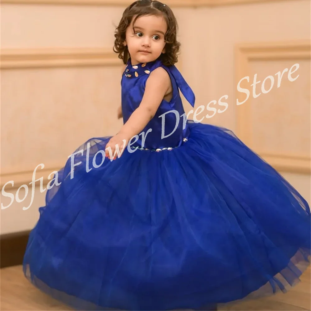 

Royal Blue Flower Girl Dress Customized For Wedding A-Line Sleeveless Floor Length Tulle Dresses First Communion Birthday Gowns