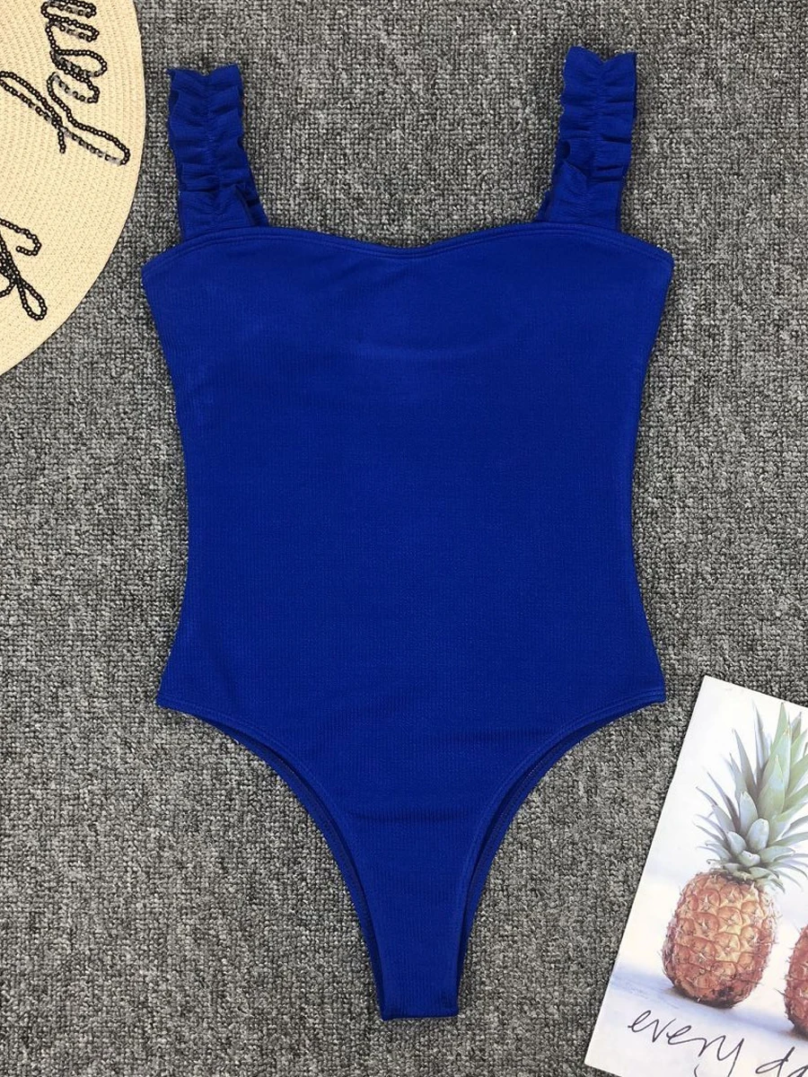 Straped Ruffle Monokini Swimsuit Women One Piece Backless Swimwear Female Solid Bodysuit Padded Bathing Suit Bathers Beachwear