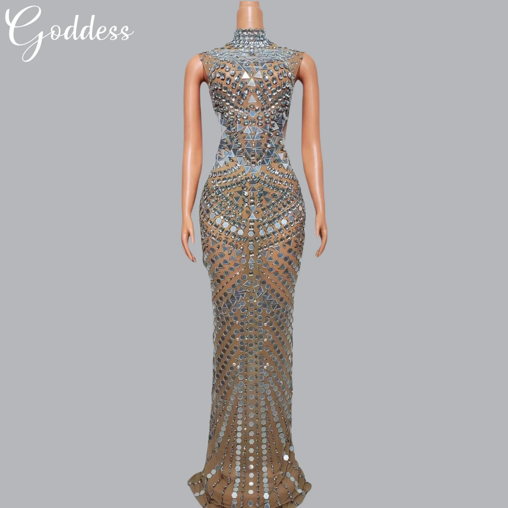 

Glitter Mirrors Rhinestone Luxurious Long Dress Mature Woman Attends Prom Banquet Evening Gown Club High Neck Sheer Sexy Robe