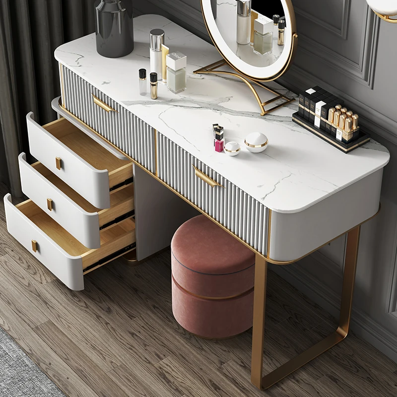 

Luxury stainless steel feet marble top 5 drawers dresser dressing table modern bedroom furniture with mirror