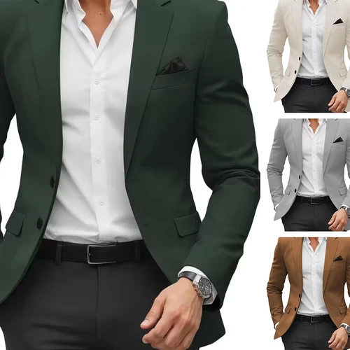 Imagen 1 del producto Chaqueta de traje de Color sólido para hombre de las cuatro estaciones, versión ajustada con bolsillo abatible, chaqueta de traje informal, traje con diseño de bolsillo falso en el pecho