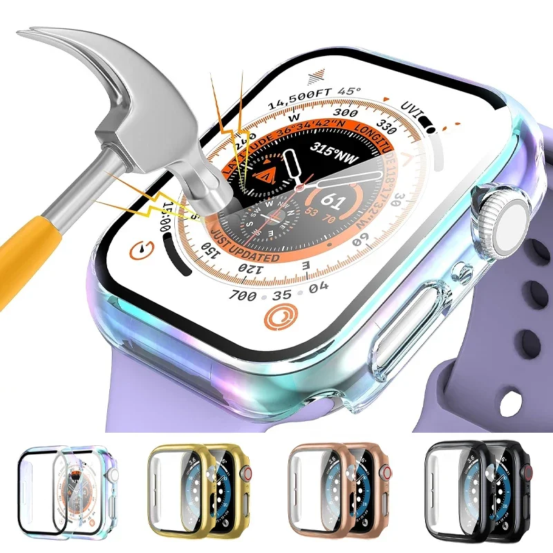 Glas + Abdeckung für Apple Watch Gehäuse 45 mm 41 mm 44 mm 40 mm 42 mm 38 mm Überzug PC Bumper Displayschutzfolie iWatch Serie 9 8 7 6 5 4 3 se