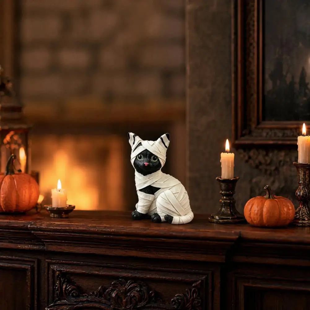 Halloween Resin Sculpture Mummy Black Cat Resin Figurine Halloween Kitten Statue with Big Eyes Wrapped Bandages Desk for Cat