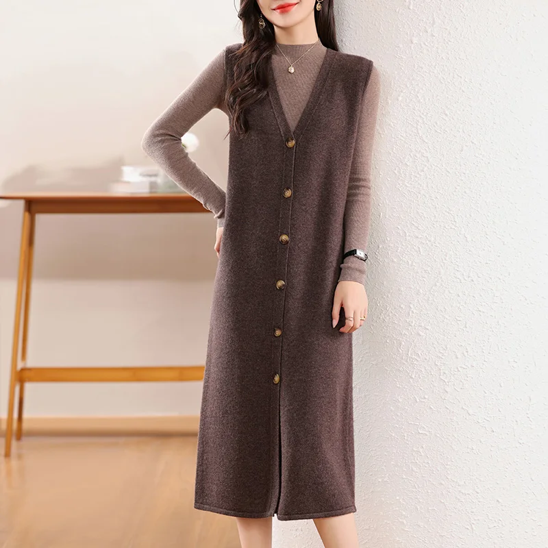 Long Wool Cardigans 100% Wool Women Knitwears New Fashion Pullovers Ladies Cashmere Vests 2024 Autumn And Winter Vests