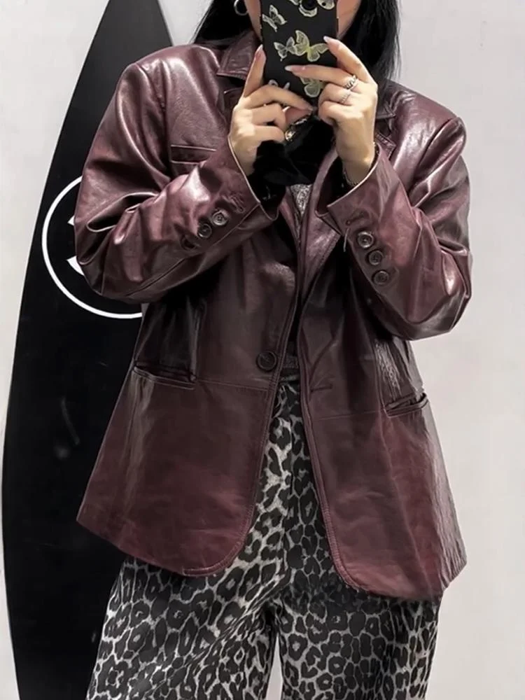 เสื้อโค้ทหนังแท้ทรงหลวมสไตล์ลำลองสำหรับผู้หญิง รุ่นสลิมมิ่ง แฟชั่นฤดูใบไม้ร่วง 2024 สไตล์เรโทร แนวธุรกิจลำลอง